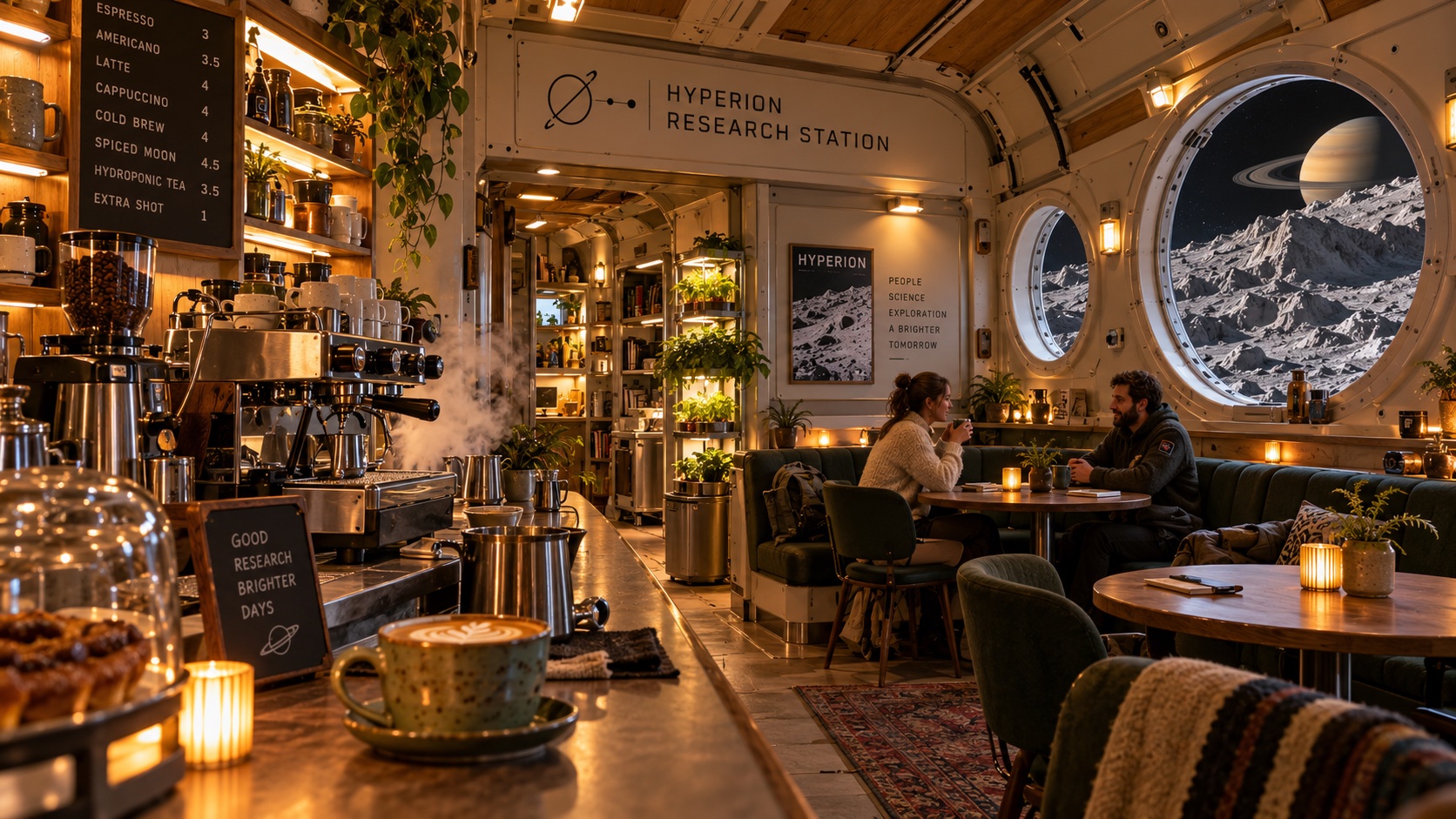 A warmly lit café with plants, an espresso bar, and guests beside a window overlooking Saturn.