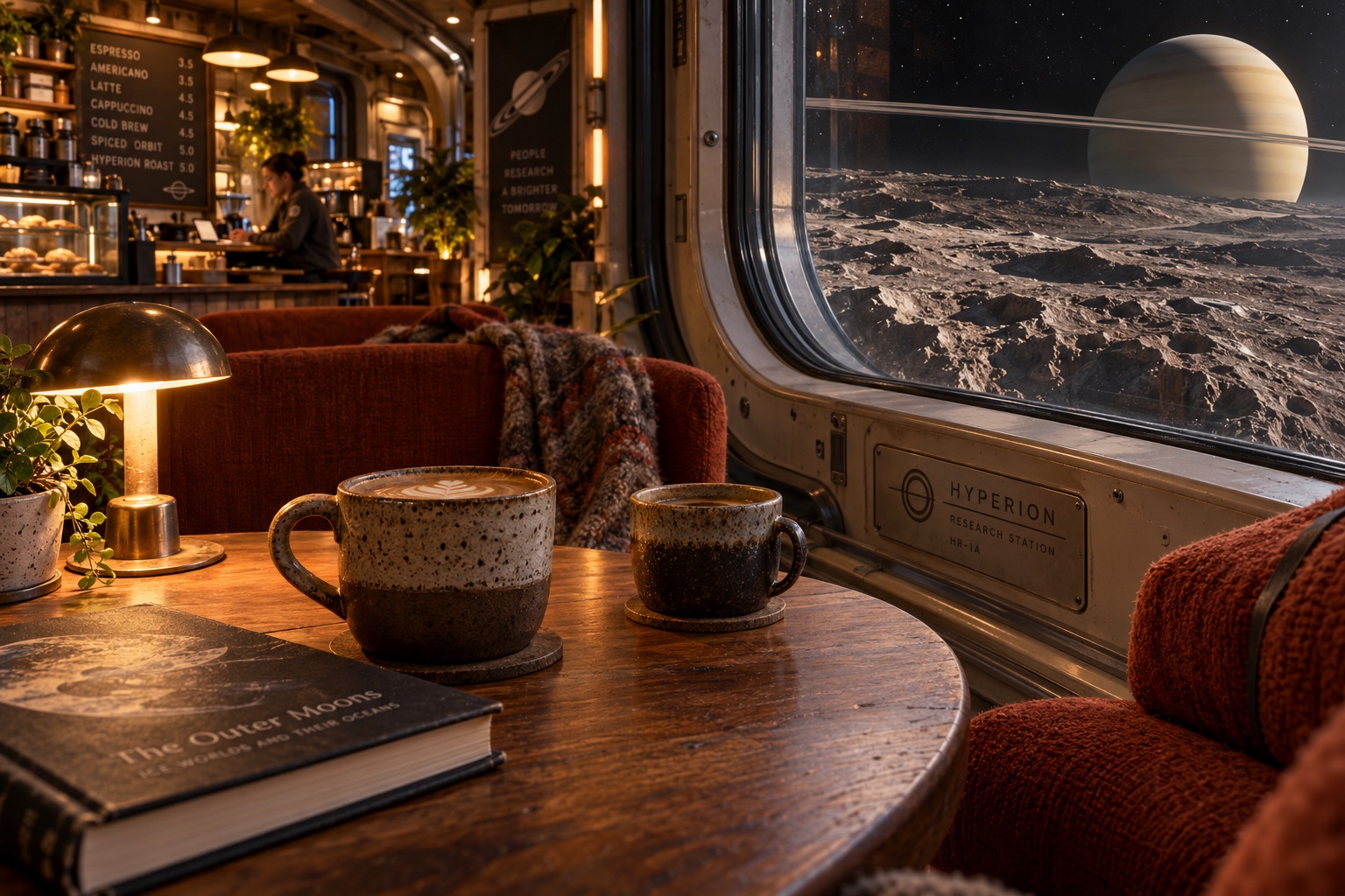 Two ceramic coffee cups on a wooden table beside a cozy sofa and a window looking out toward Saturn.